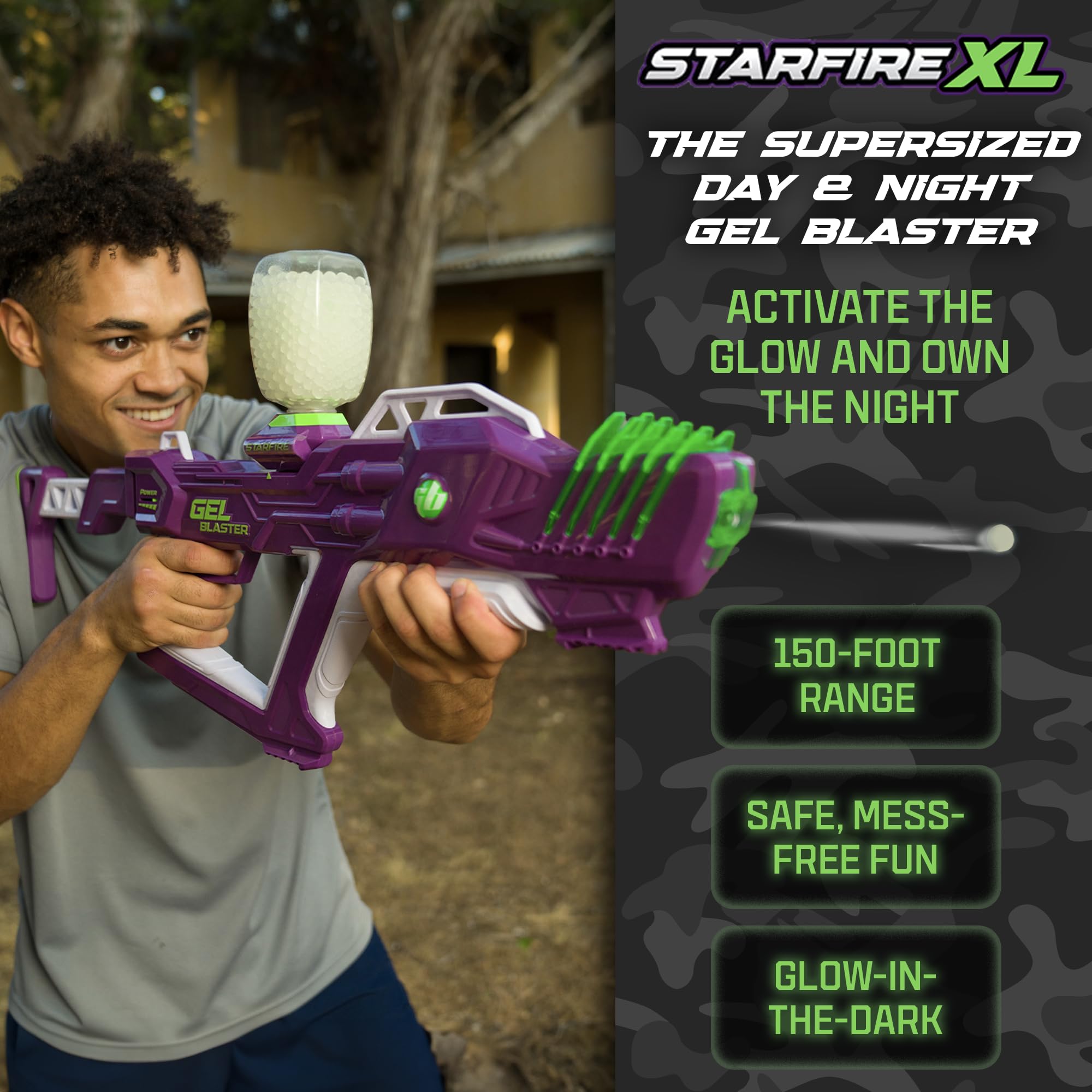 Starfire XL with UV glow activator highlighting glow-in-the-dark gameplay and visibility.
