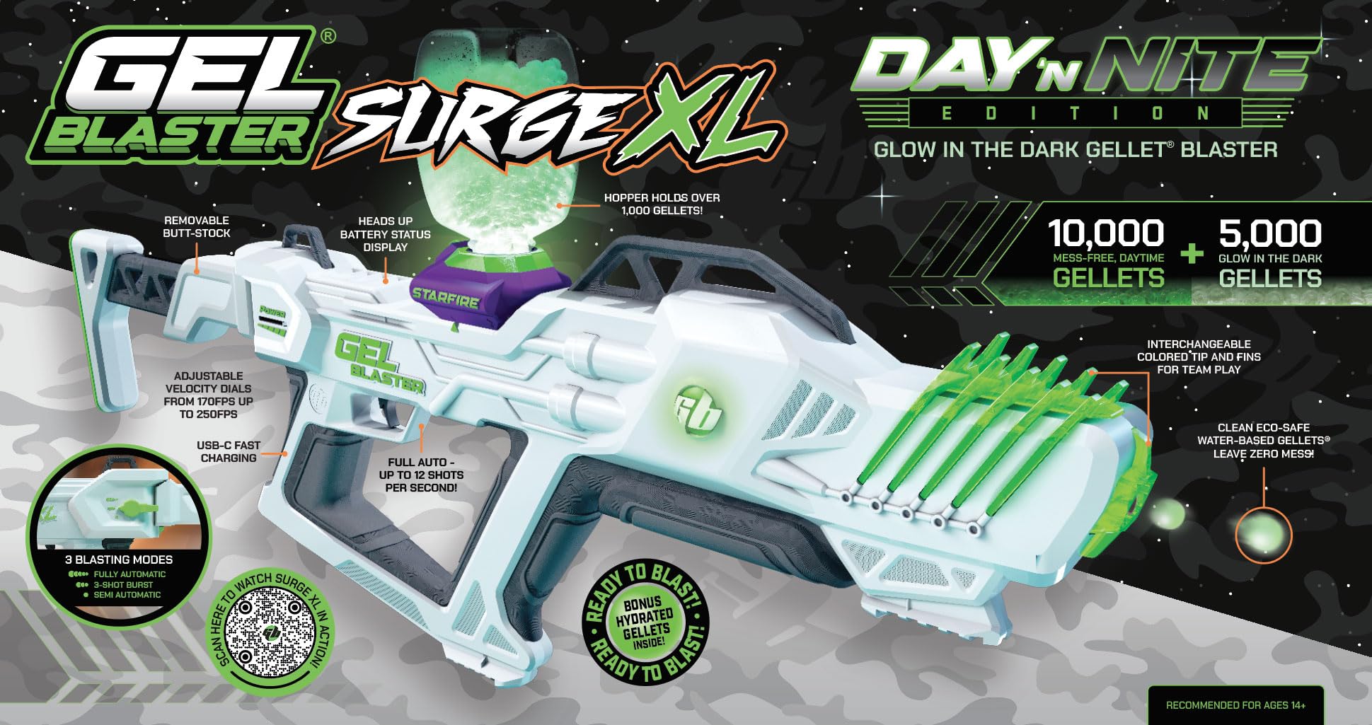 Gel Blaster Surge XL Starfire Activator glows for nighttime tracer play.