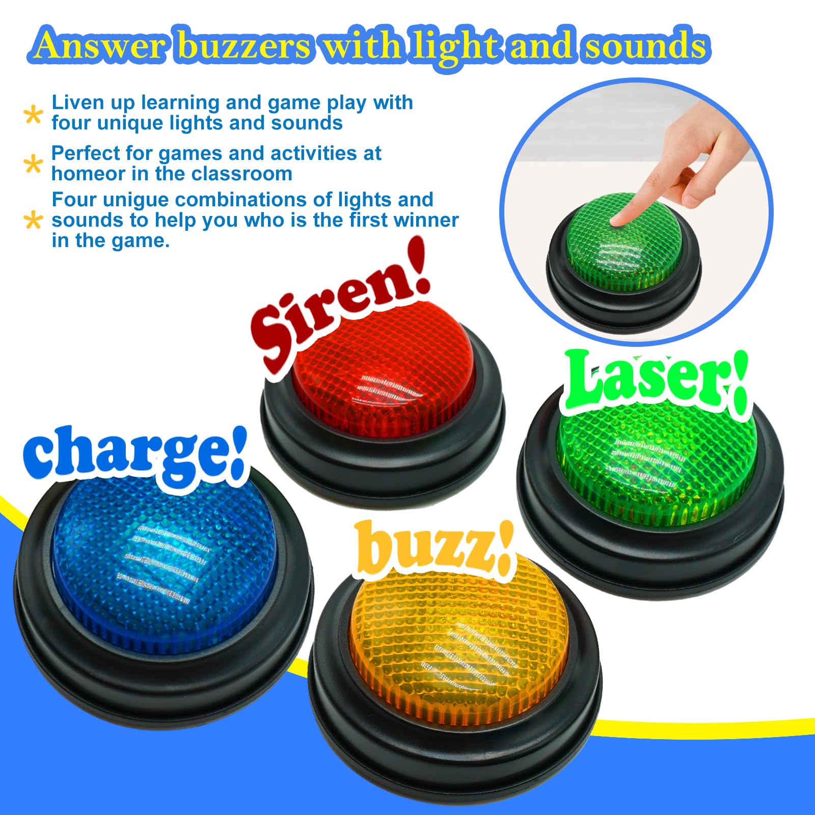 Gelabur green buzzer with light cue for team competition.