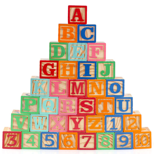 Gemileo wooden ABC blocks set with colorful letters promote early literacy and fine motor skills.