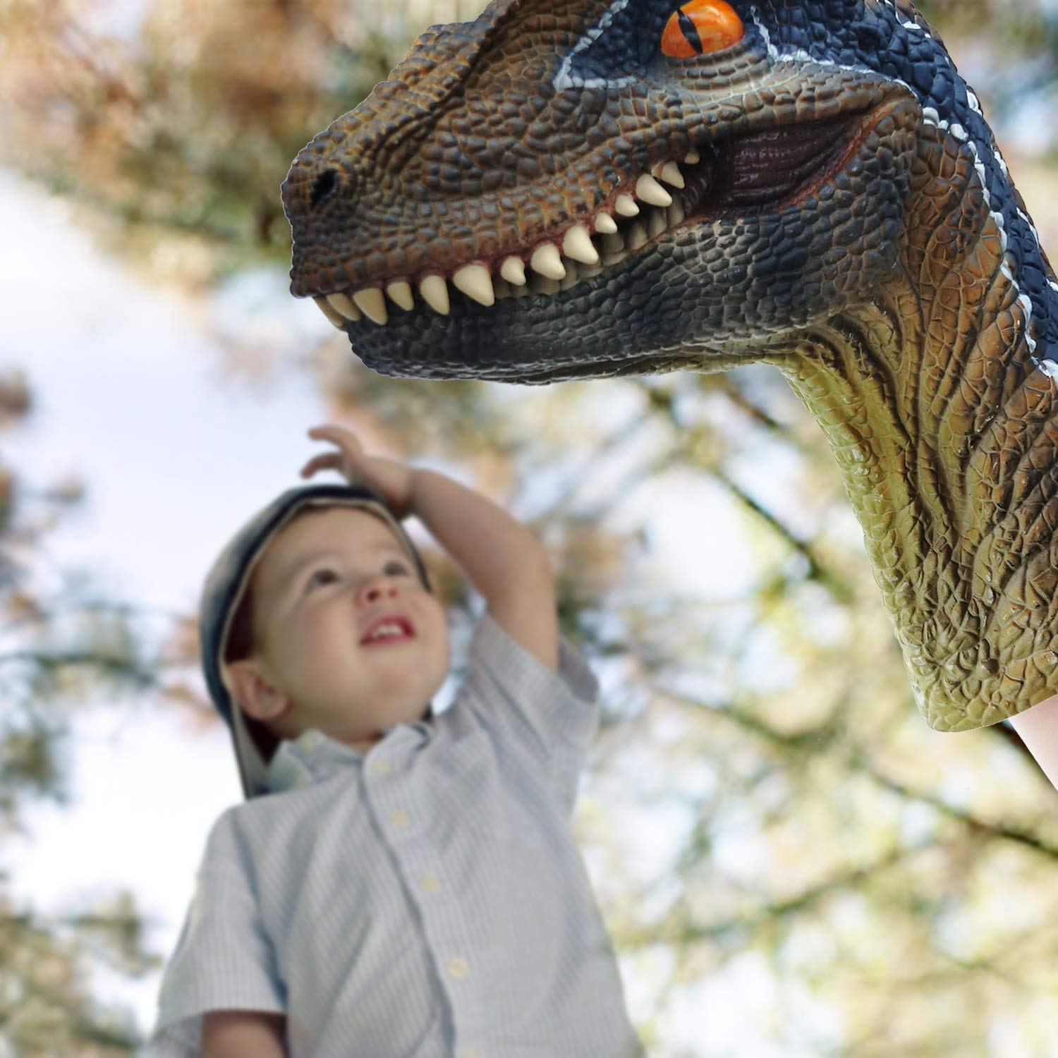 Gemini&Genius blue Velociraptor hand puppet, front view for imaginative play