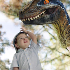 Gemini&Genius blue Velociraptor hand puppet, front view for imaginative play