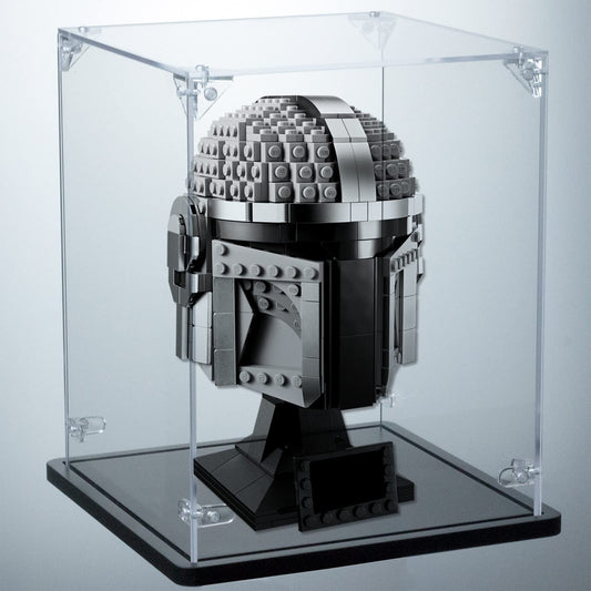 Gemutlich acrylic display case for Lego helmet front view showing crystal-clear protection.