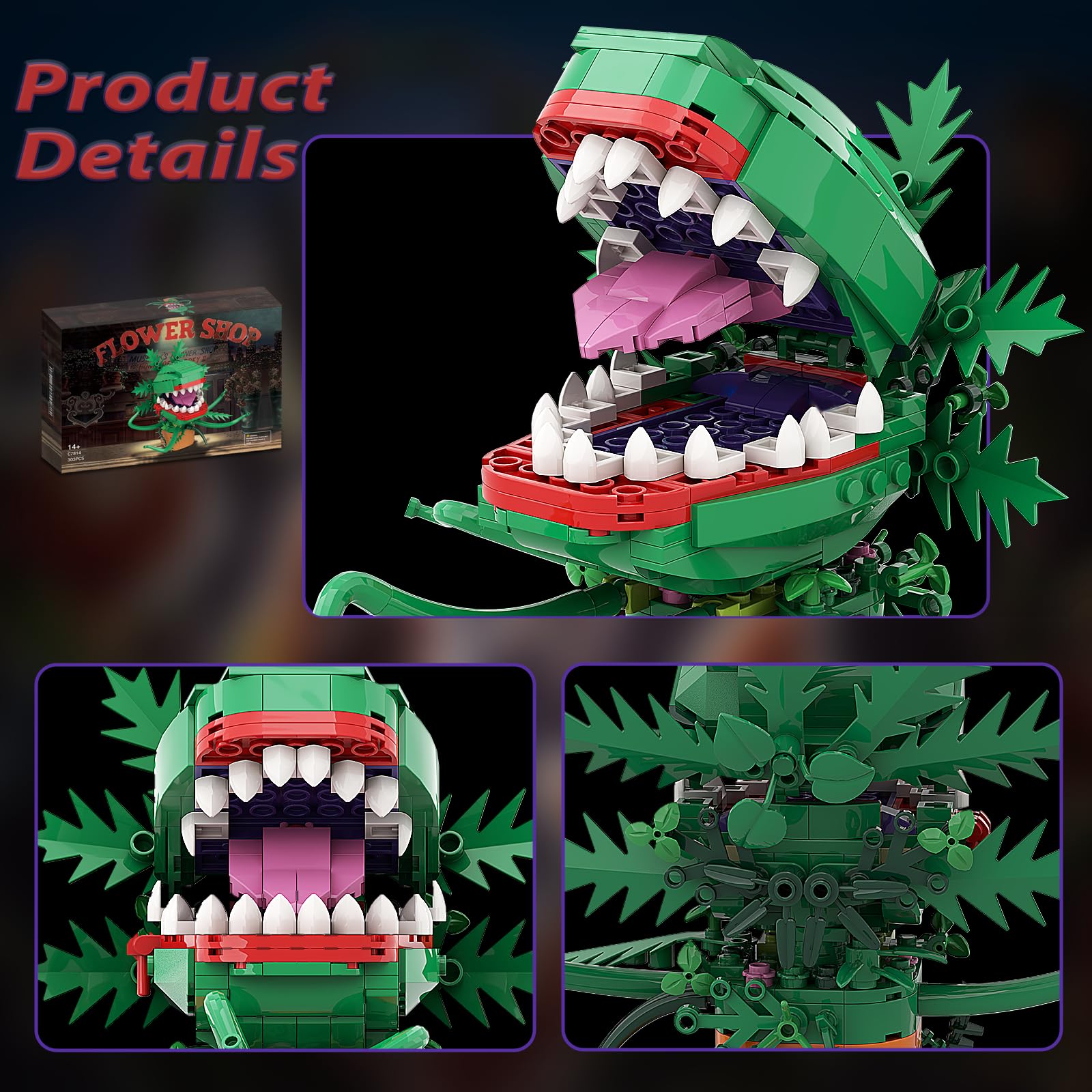 Generic Audrey II piranha flower sharp-teeth-tongue close-up delivers horror vibes