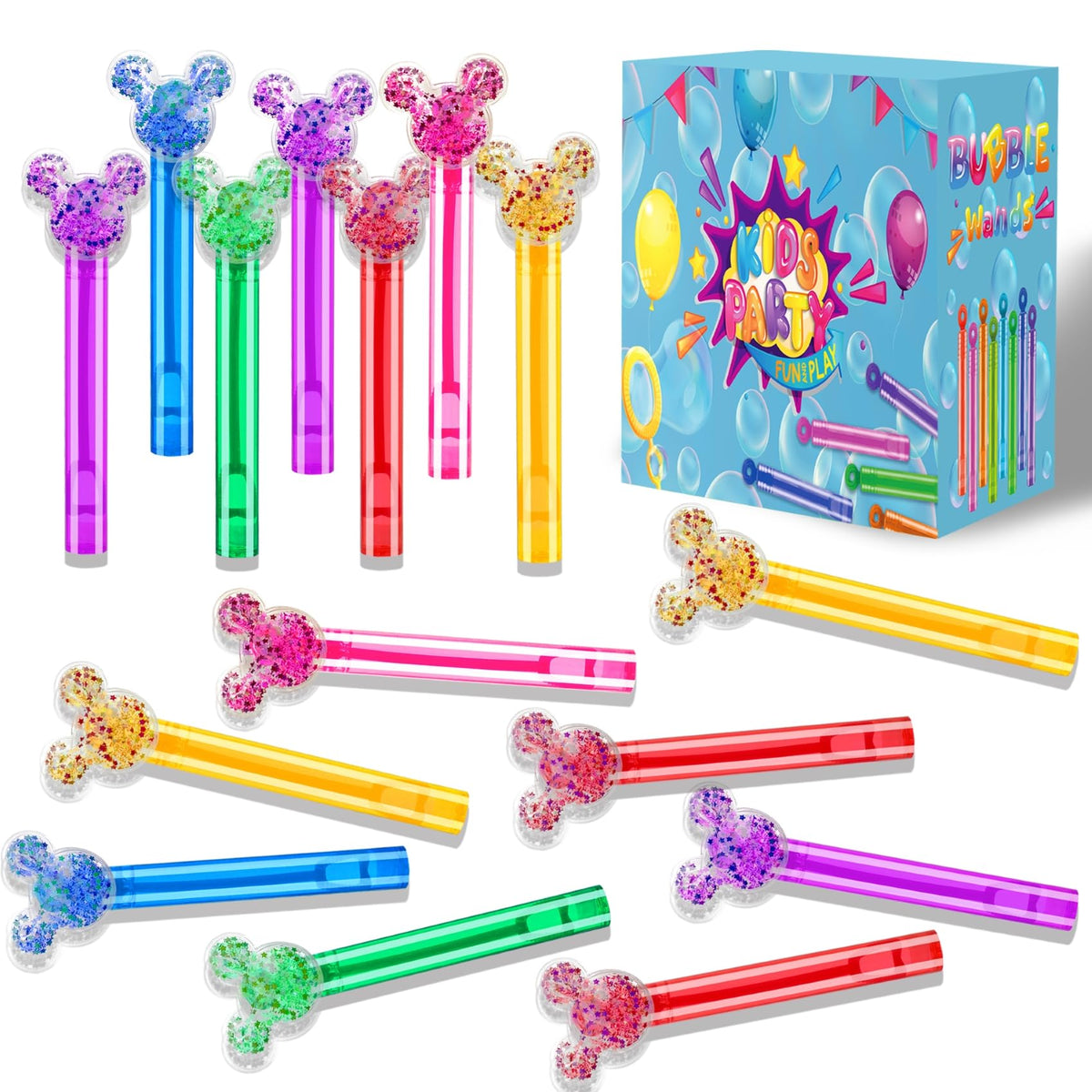 Generic Glitter Bubble Wands 24-pack in multi colors for party favors.