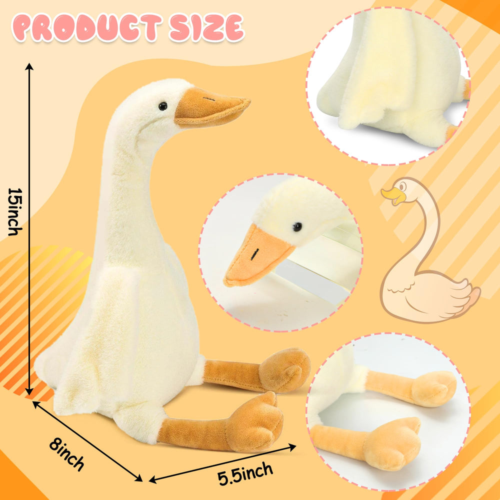 Long-neck goose plush shown in a sitting pose for realistic charm.
