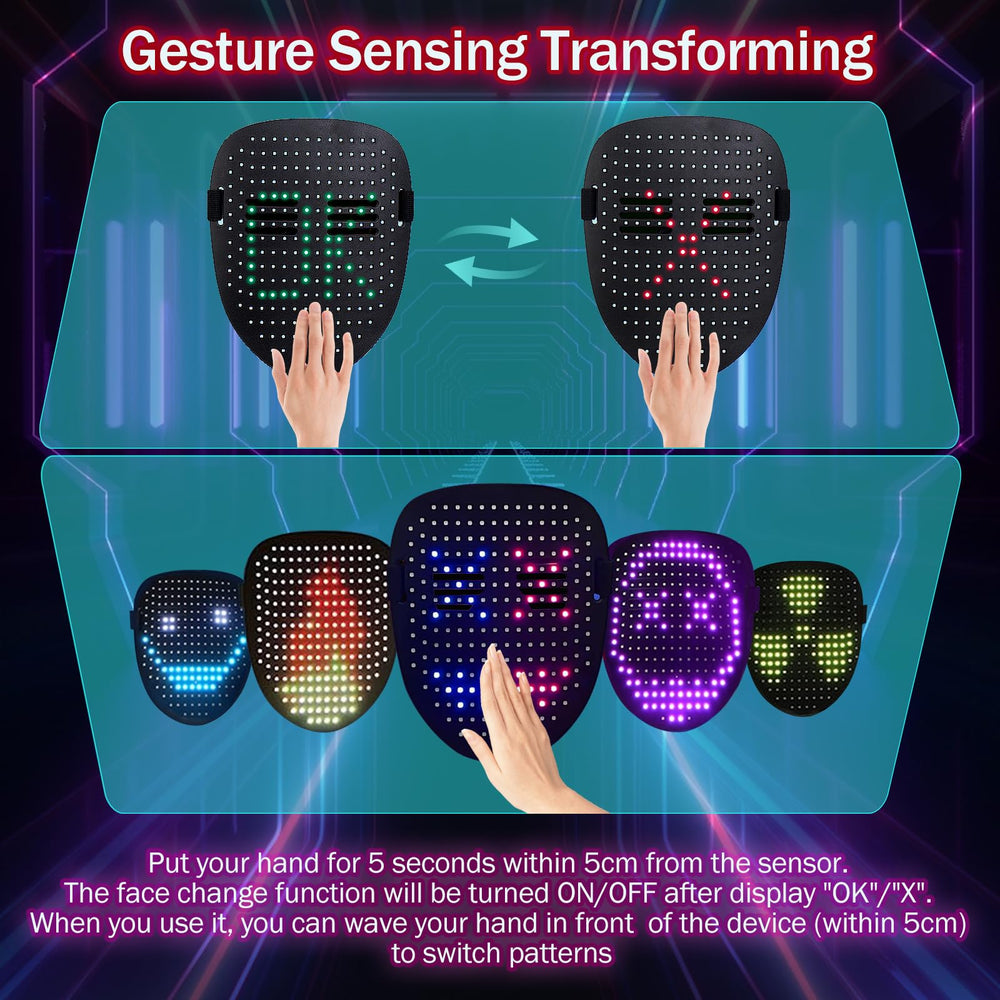 Generic LED mask gesture sensing demonstrates hands-free pattern control.