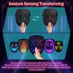 Generic LED mask gesture sensing demonstrates hands-free pattern control.