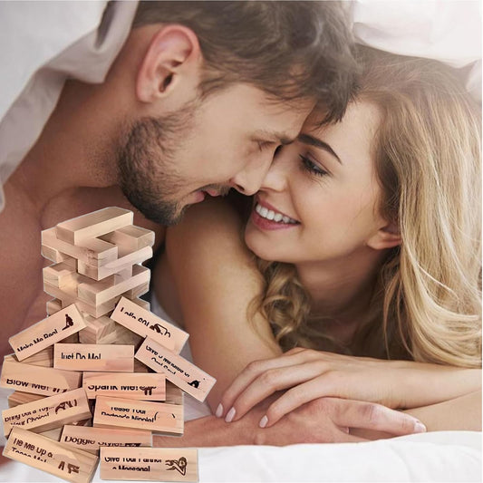 Lust Tower wooden blocks stacked neatly for a playful, intimate date experience.