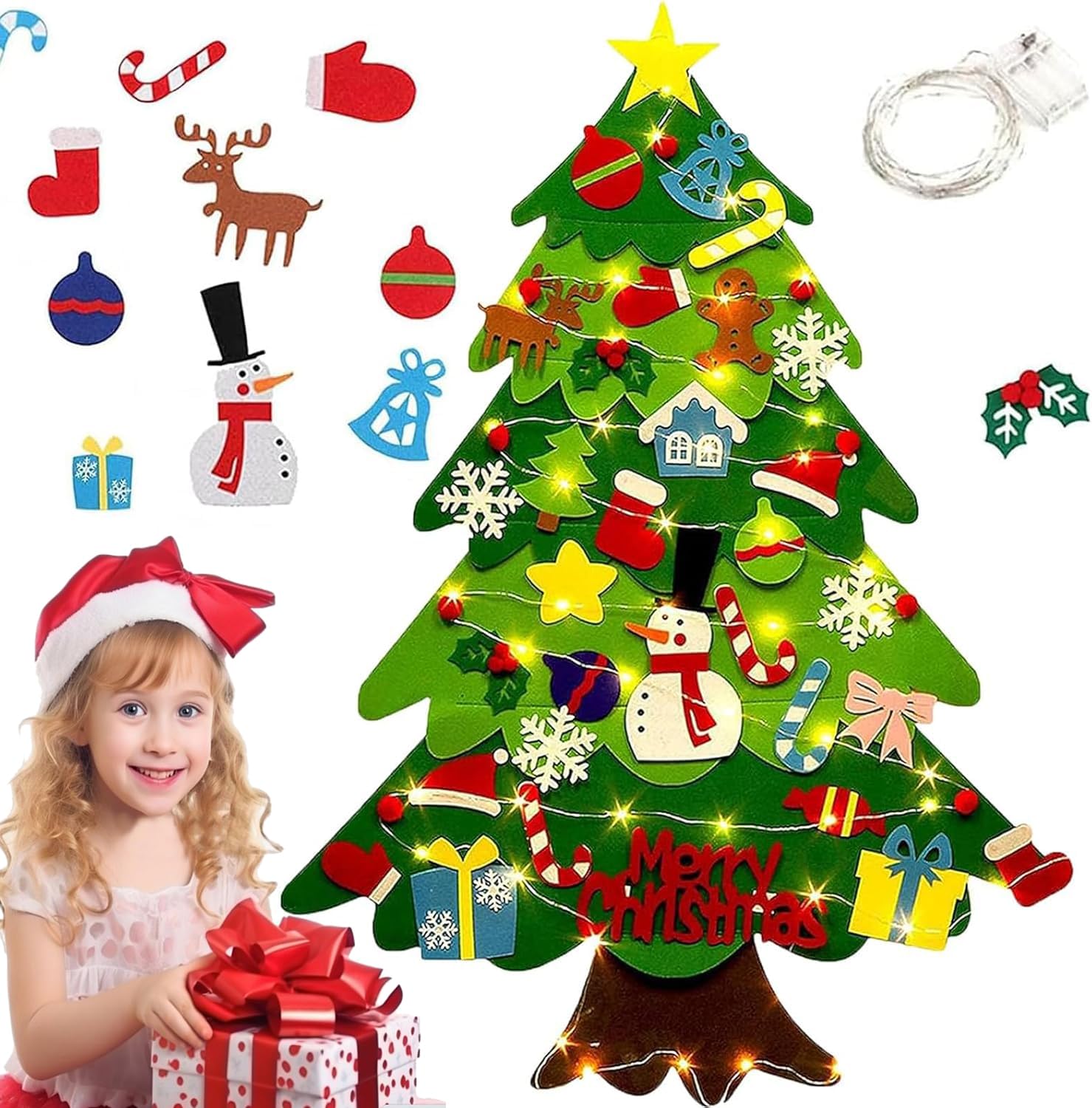Generic Montessori felt Christmas tree mounted on wall for interactive decorating