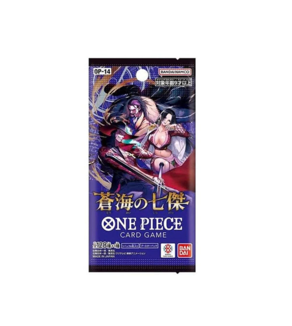 Generic One Piece OP-14 Azure Sea’s Seven booster box back view, vibrant color variants included.