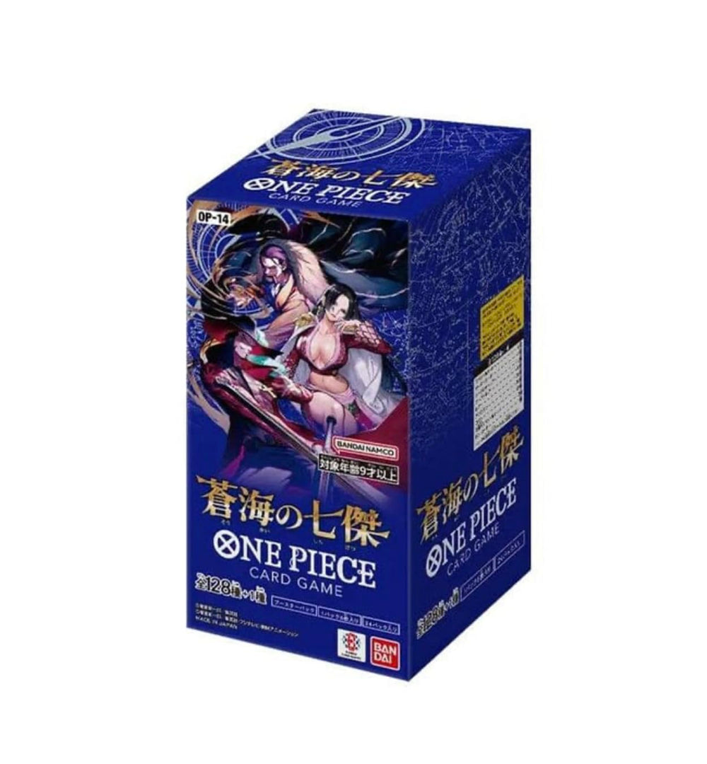 Generic One Piece OP-14 Azure Sea’s Seven booster box front view, factory sealed for collectors.