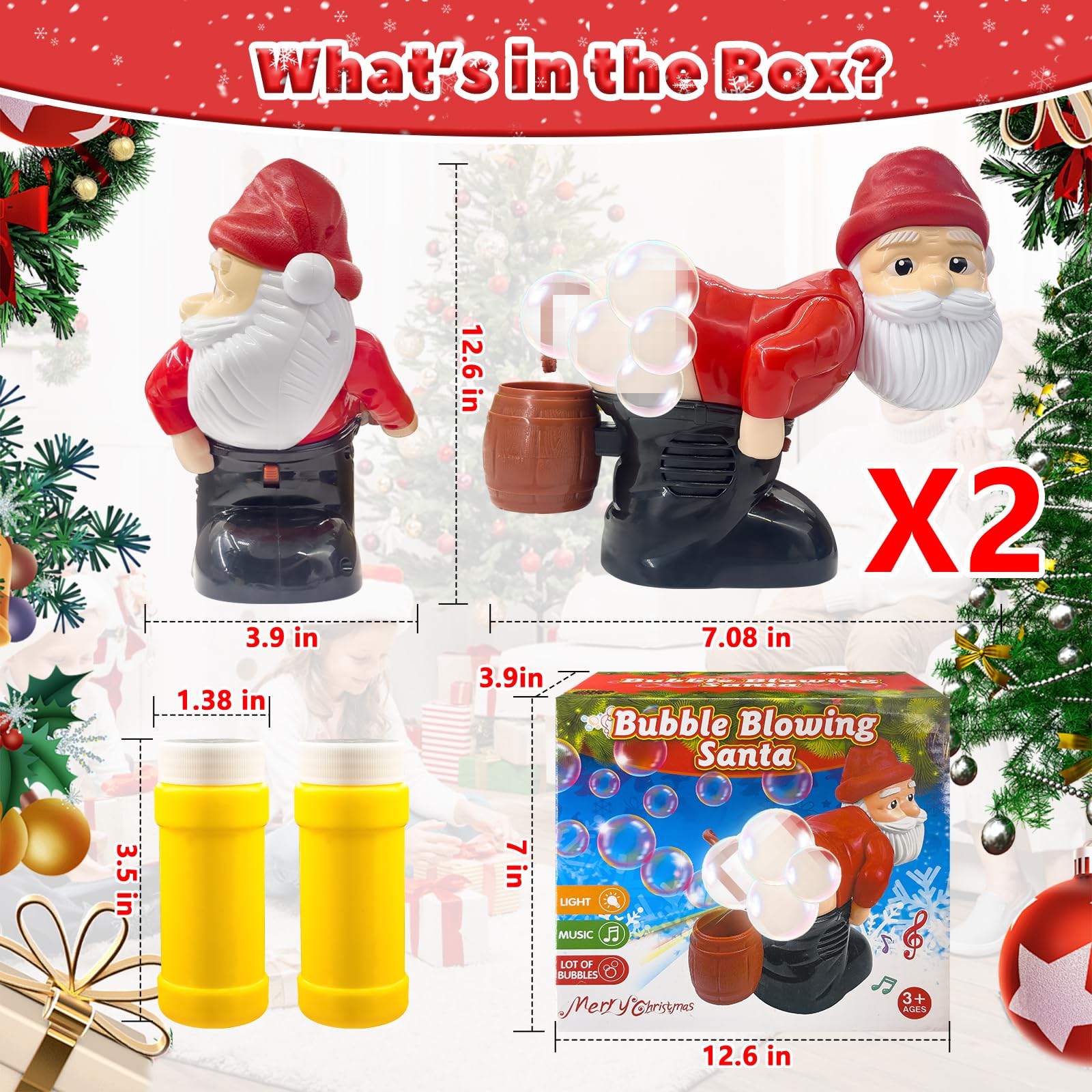 Generic Santa bubble blower belly movement with music enhances party mood.