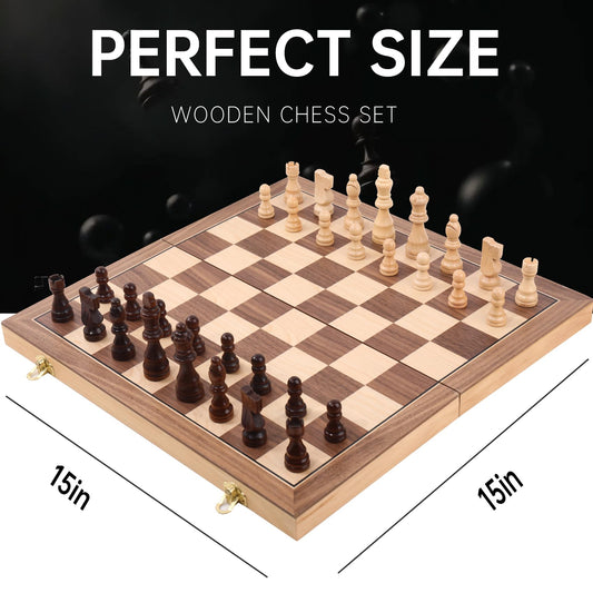 Generic Wooden Chess Set 15inch magnetic pieces closeup, secure play on any surface