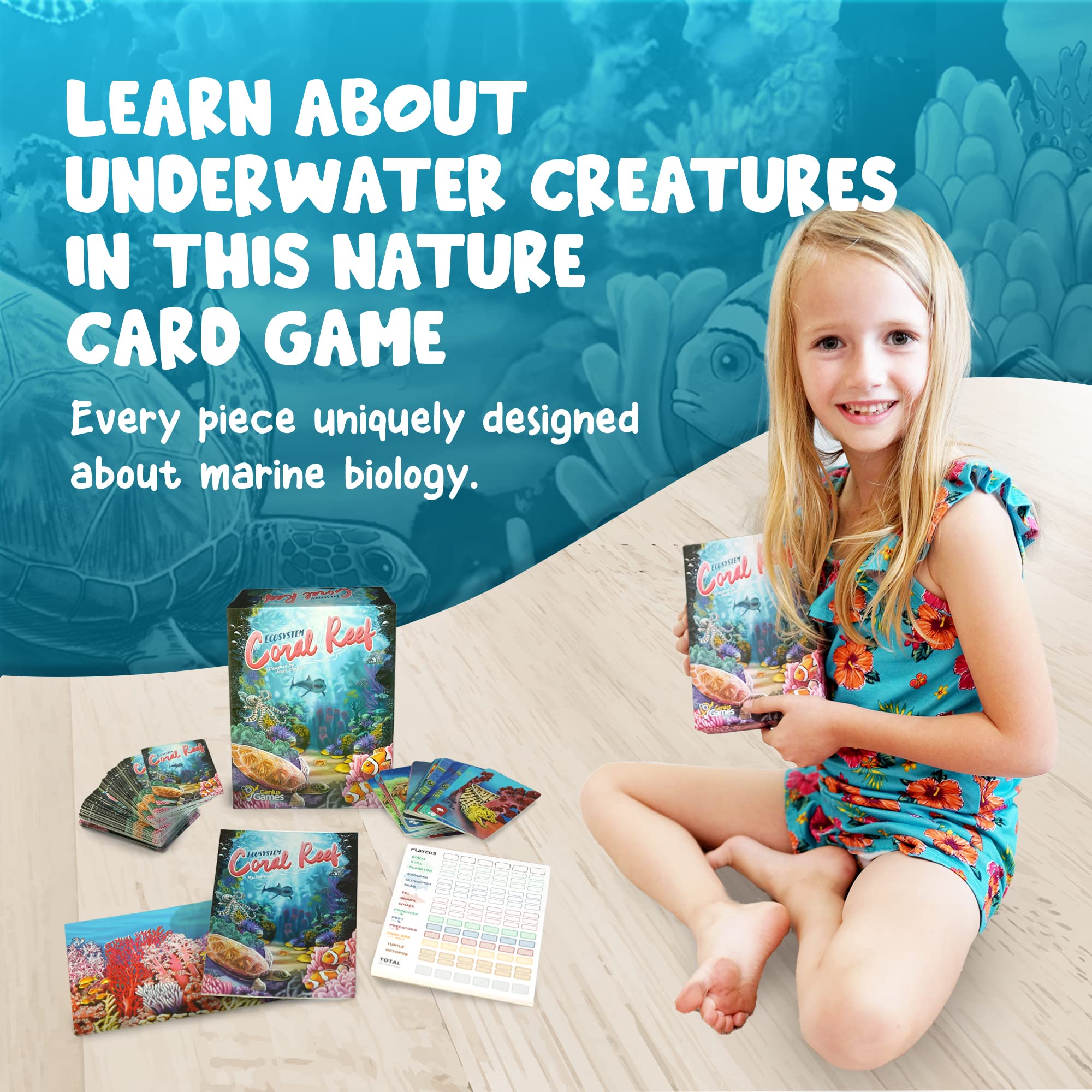 Genius Games Ecosystem Coral Reef card types illustrate predators, prey, producers for balanced strategy.