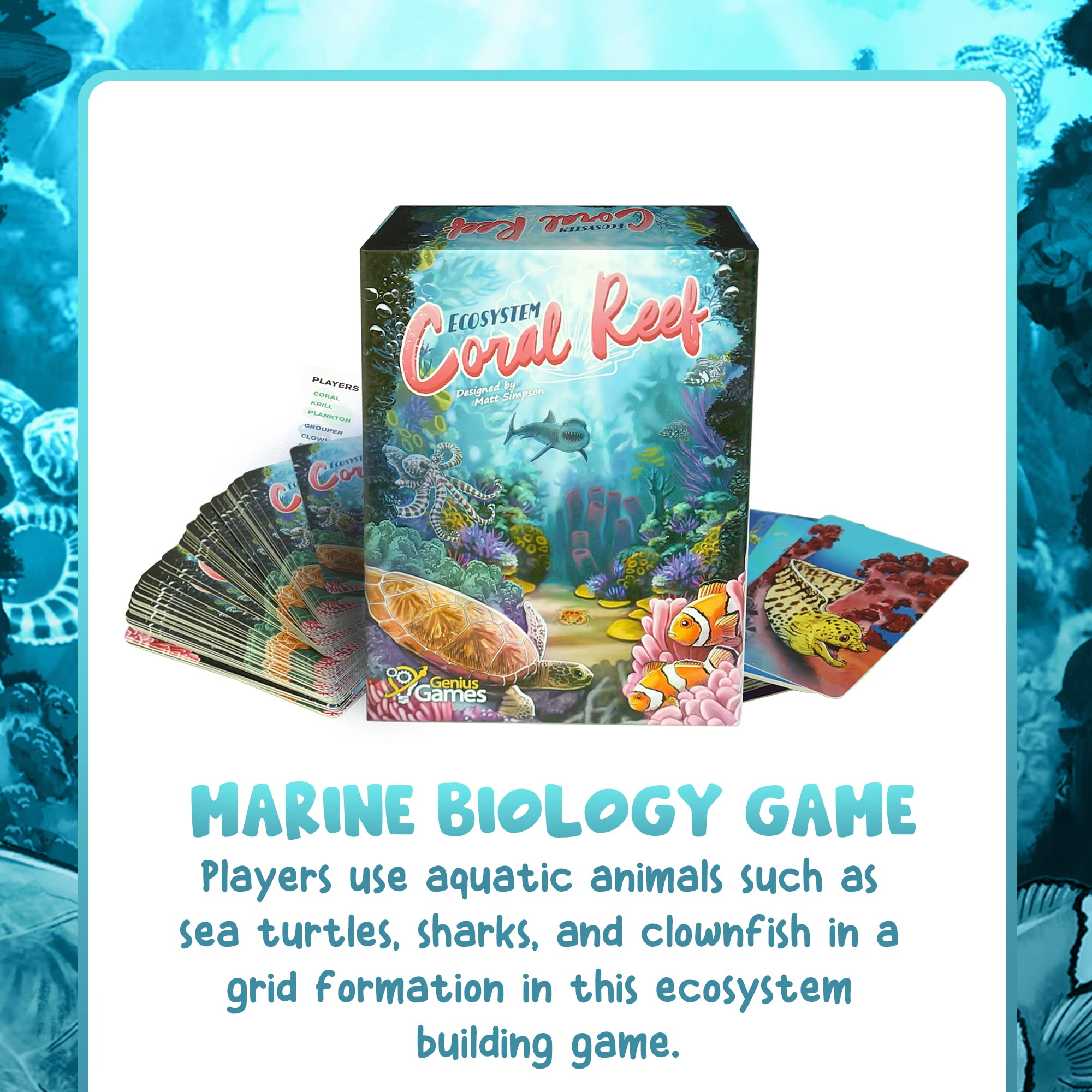 Genius Games Ecosystem Coral Reef cards feature sea turtles, sharks, clownfish for marine learning.