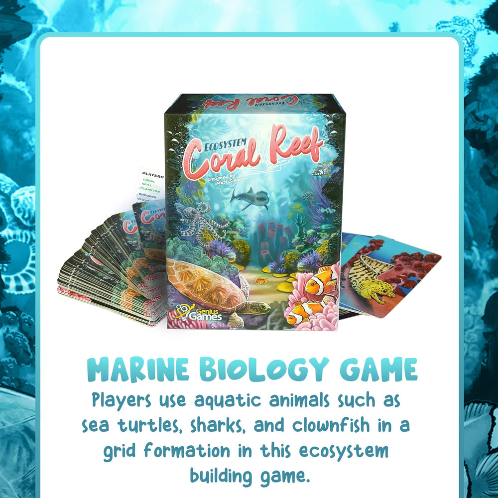 Genius Games Ecosystem Coral Reef cards feature sea turtles, sharks, clownfish for marine learning.