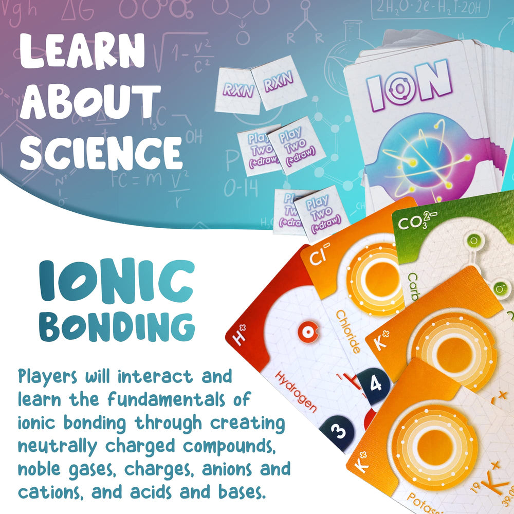 Genius Games Ion charge cards highlight cations and anions in play.