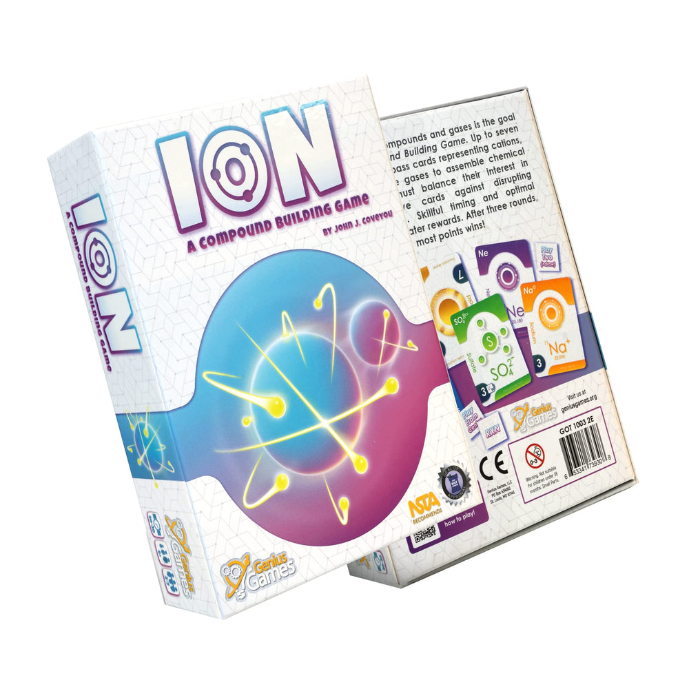 Genius Games Ion compound-building card draft in action for classroom practice.