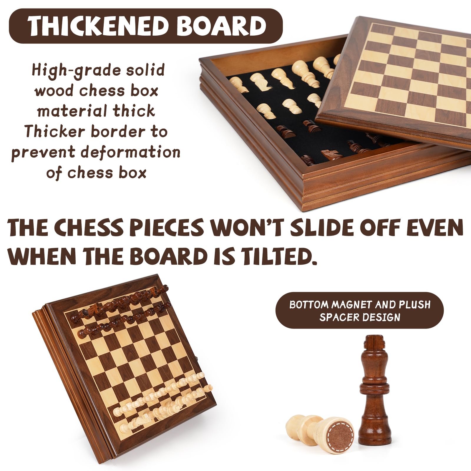 GenJuw handmade chess pieces close-up show magnets ensuring steady moves.