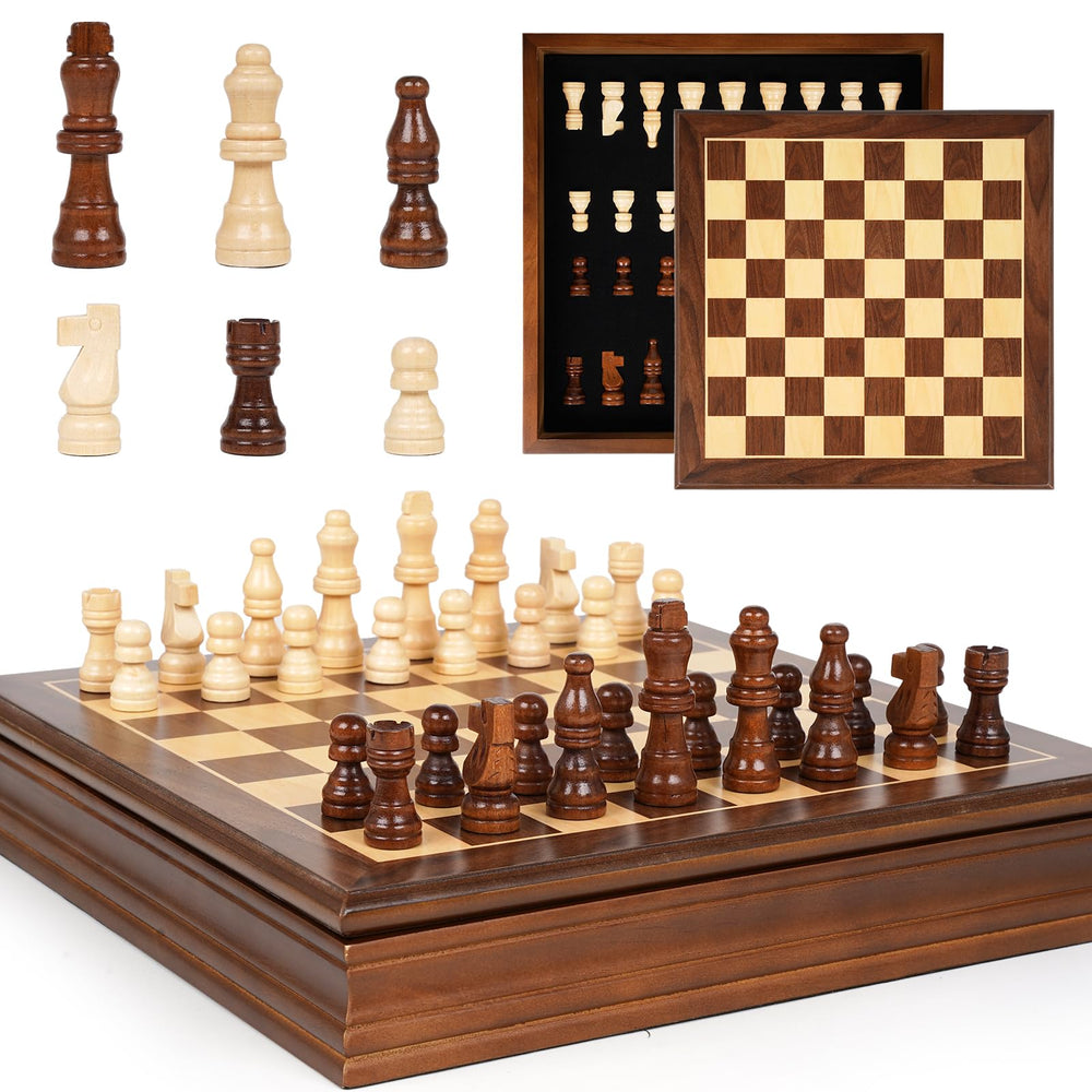 GenJuw magnetic wooden chess board viewed from above, ideal for focused strategic play.