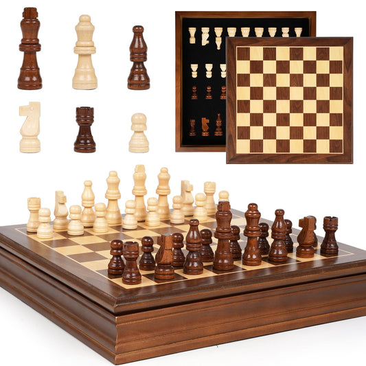 GenJuw magnetic wooden chess board viewed from above, ideal for focused strategic play.