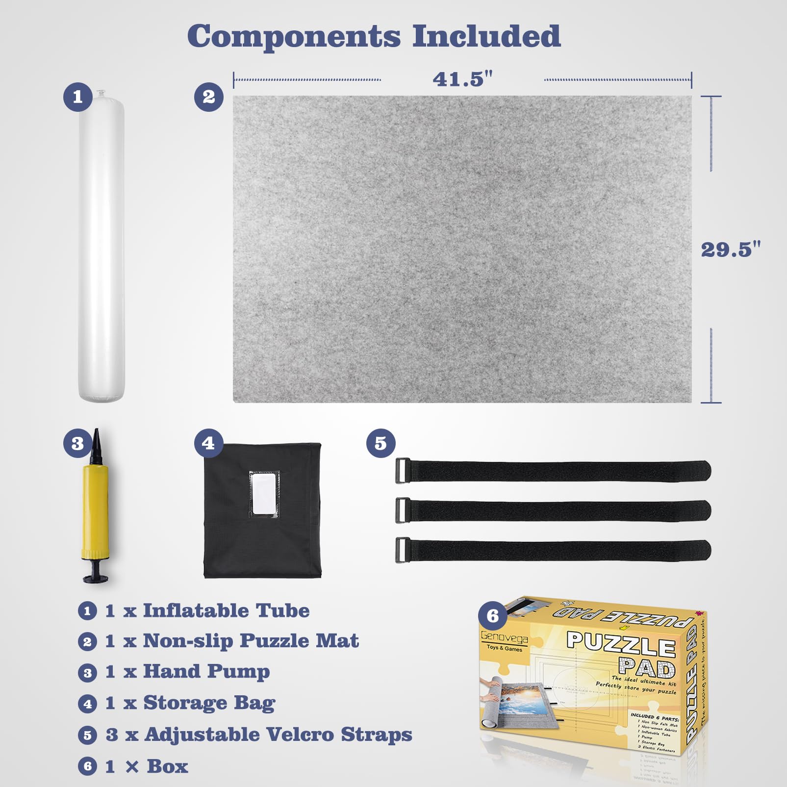 Genovega puzzle mat with inflation tube enables secure rolling during transport.
