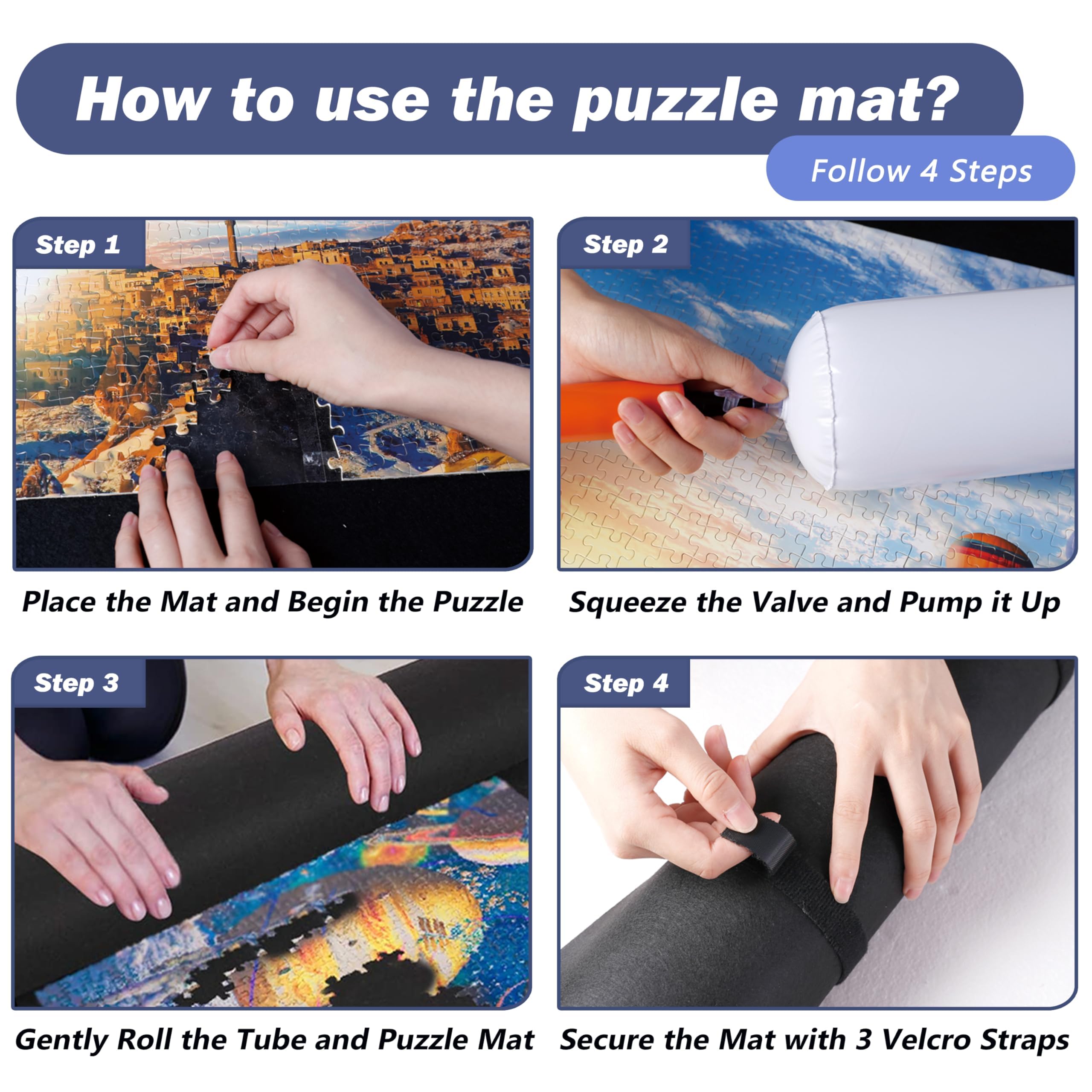 Genovega Velcro straps keep rolled puzzles compact for easy storage.