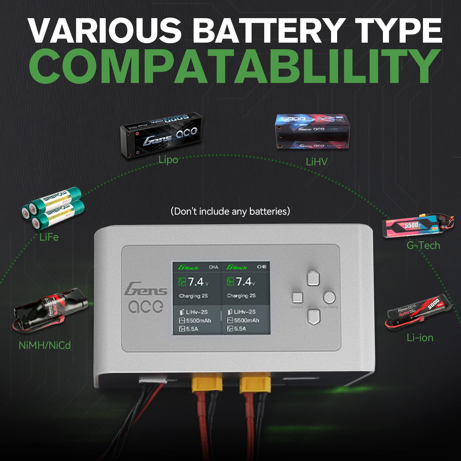 Gens Ace iMars D300 adapter kit highlights flexible connections for EC/XT60 packs.