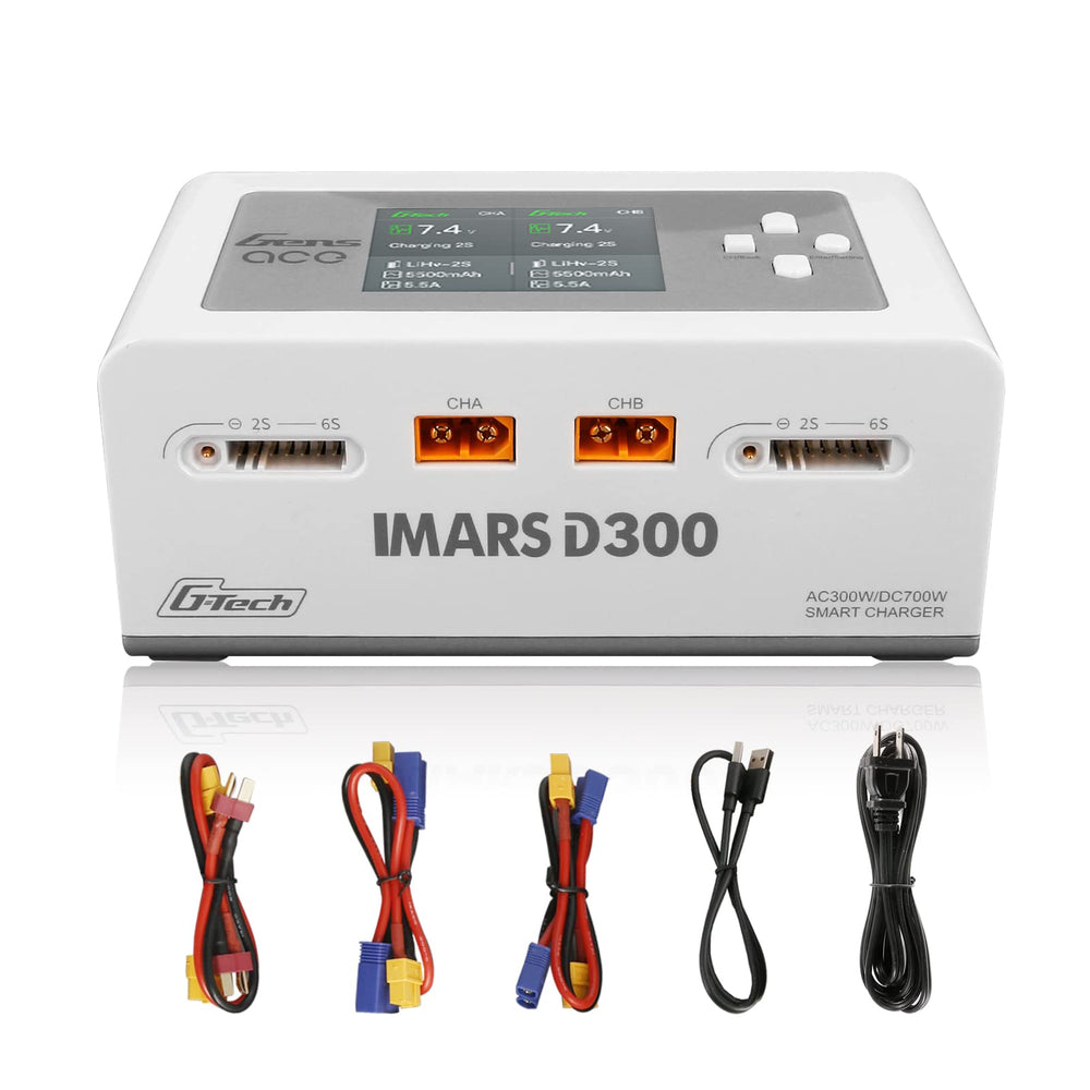 Gens Ace iMars D300 dual charger front view with clear indicators for quick monitoring.