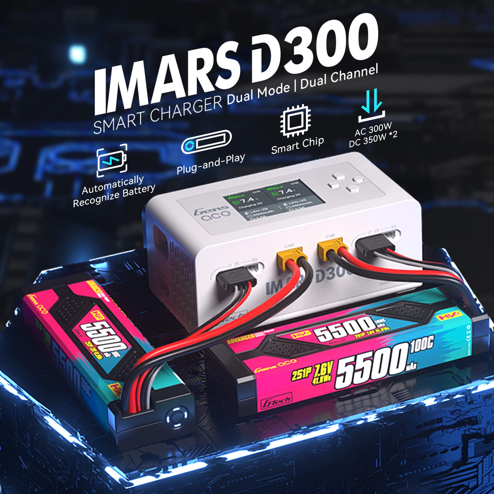 Gens Ace iMars D300 packaging photo showing included adapters and manual.