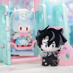 Genshin Impact Wriothesley plush on shelf display, ideal for collectors.