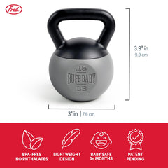 Genuine Fred Buff Baby Kettlebell Rattle sized 3x2.6x3.9 inches for easy grip