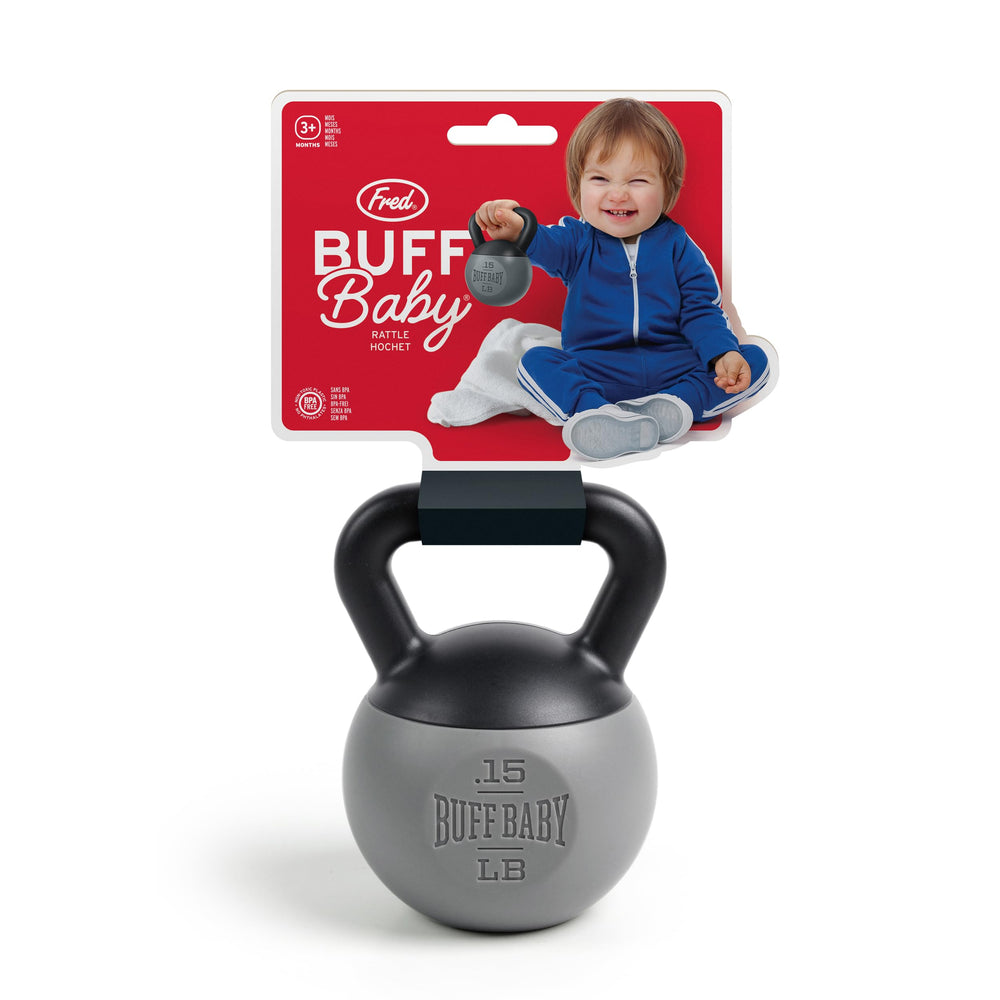 Genuine Fred Buff Baby Kettlebell Rattle gift-ready packaging for gifting