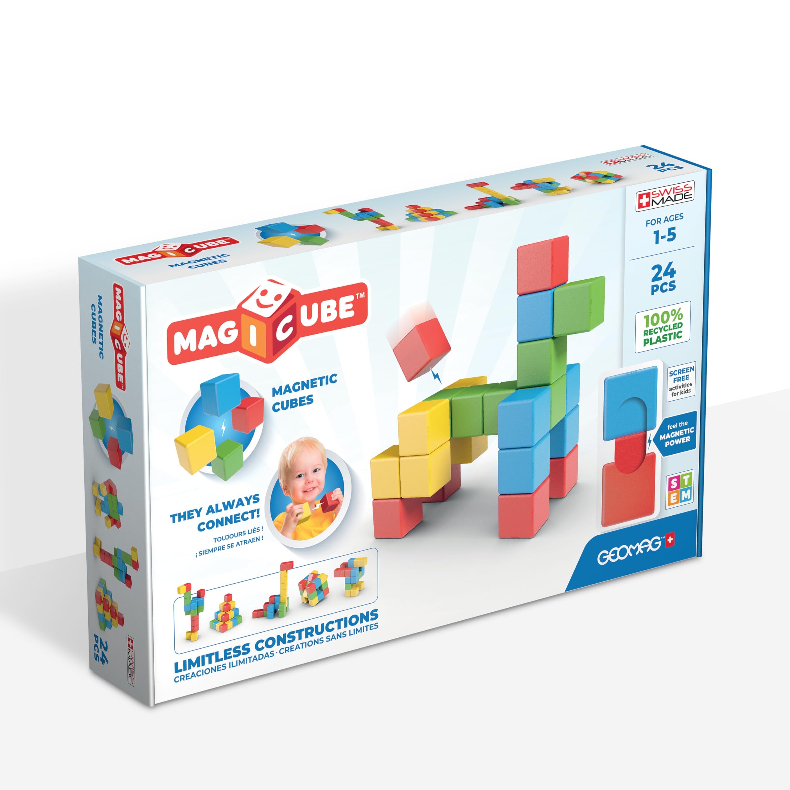 Geomag Magicube 24pcs assembly blocks encourage tactile, creative building for toddlers.