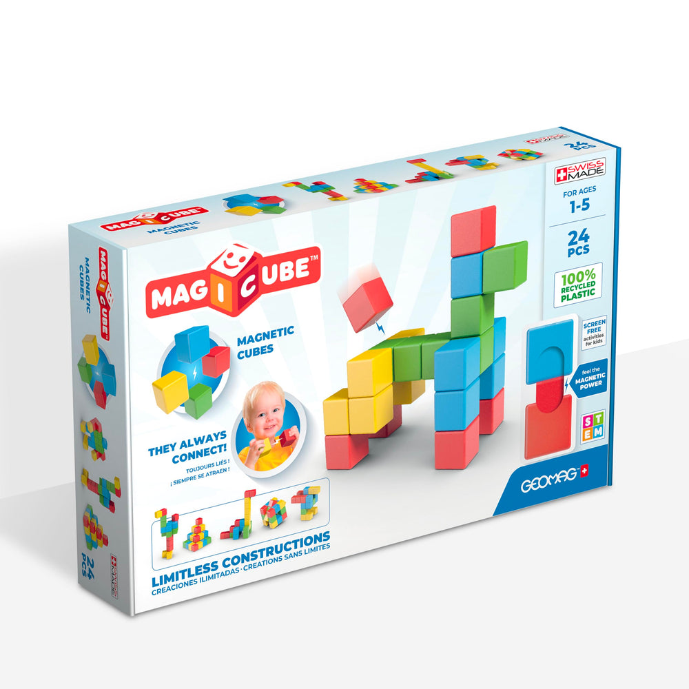 Geomag Magicube 24pcs assembly blocks encourage tactile, creative building for toddlers.