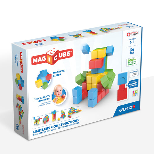 Geomag Magicube 64pcs demonstrates simple, frustration-free assembly for toddlers.