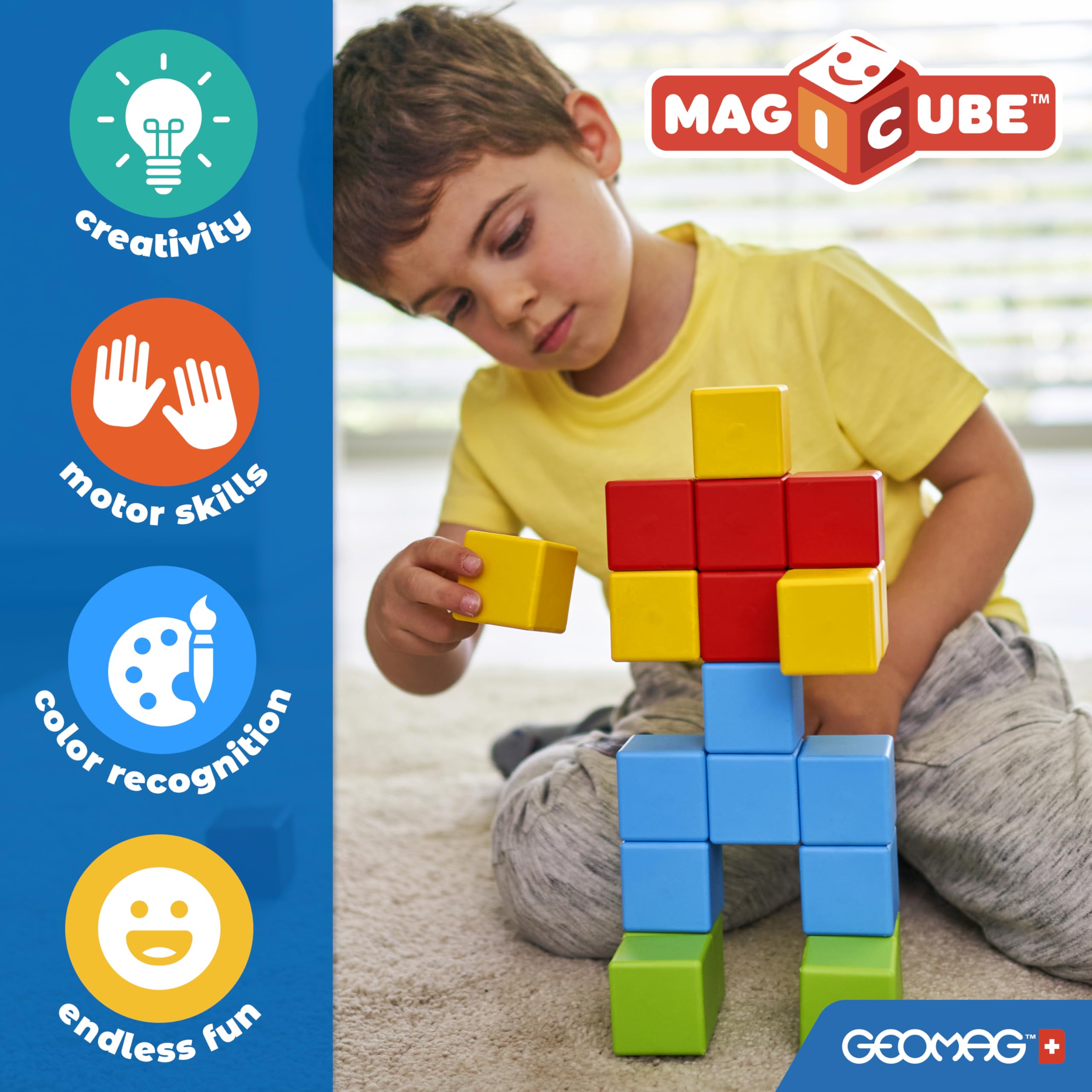 Geomag Magicube color shapes support early color recognition during imaginative play.