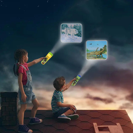 Georgie Porgy Dinosaur projection on ceiling supports immersive play in dark rooms.