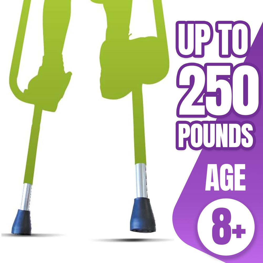 Geospace Walkaroo XTREME stilts highlighting weight capacity up to 250 lbs