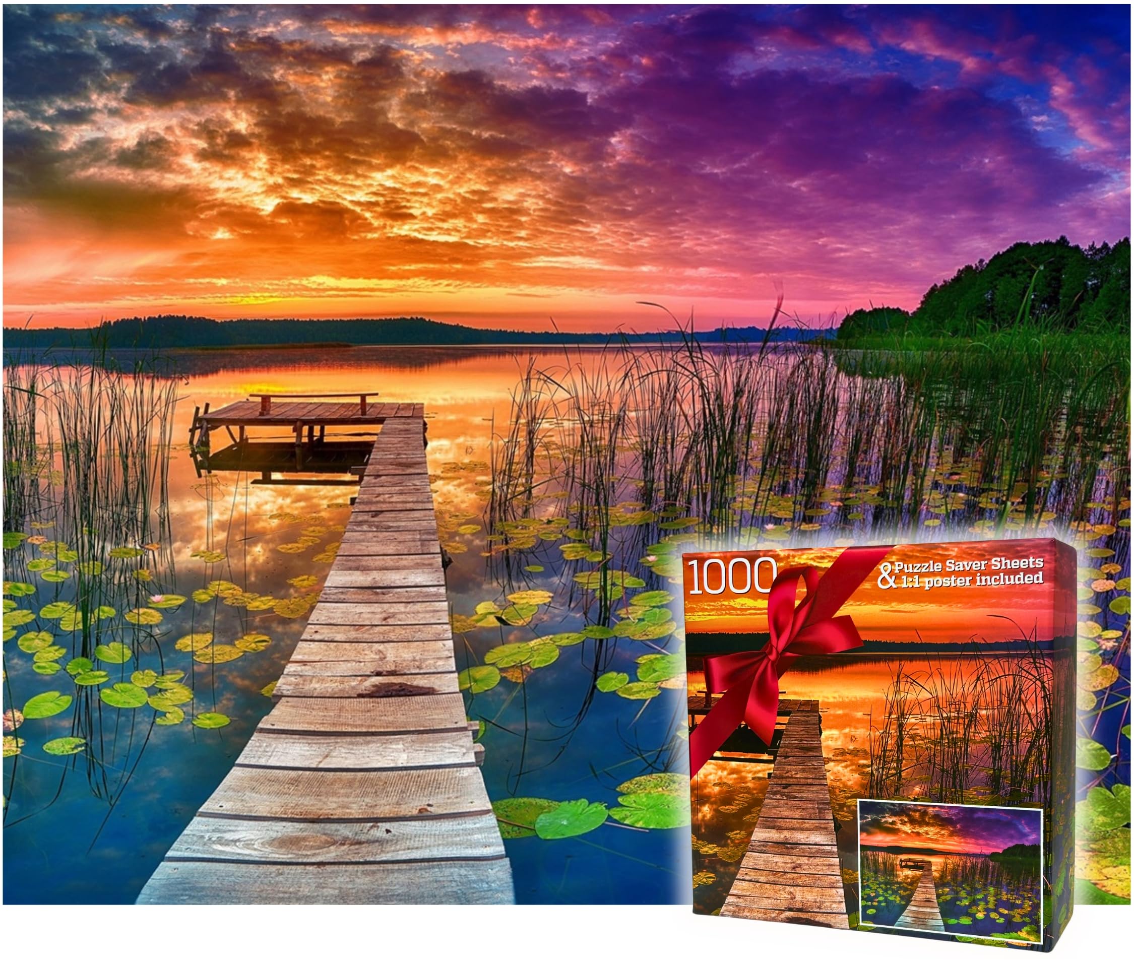 Gerjato 1000-piece puzzle with dock and lilies at sunset, ideal for relaxing family time.