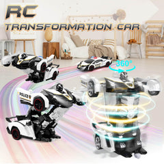 Getatoy police car button action displays effortless one-button morph for easier play.