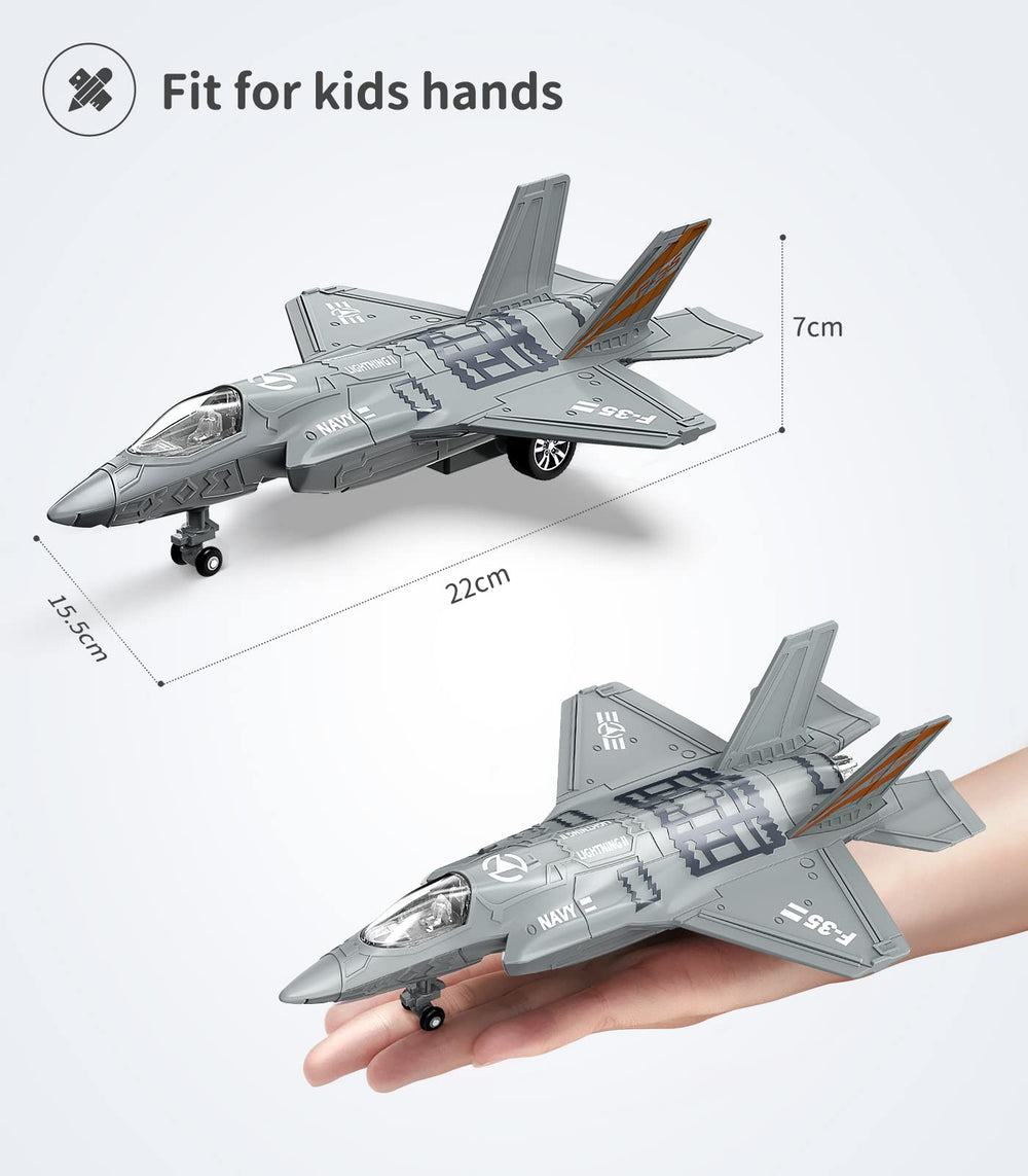 Geyiie 1:72 scale fighter jet toy fits small hands.