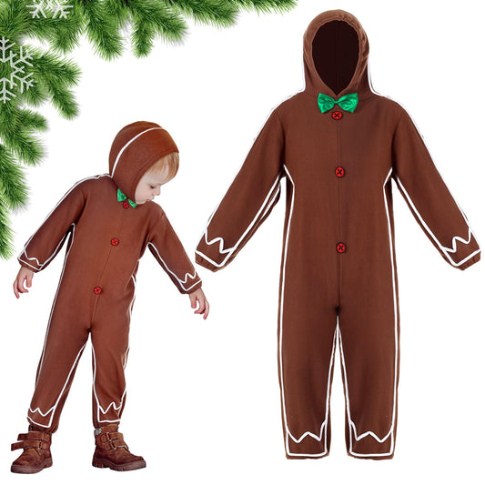 Geyoga gingerbread costume brown hooded front view, cozy warmth for Christmas festivities