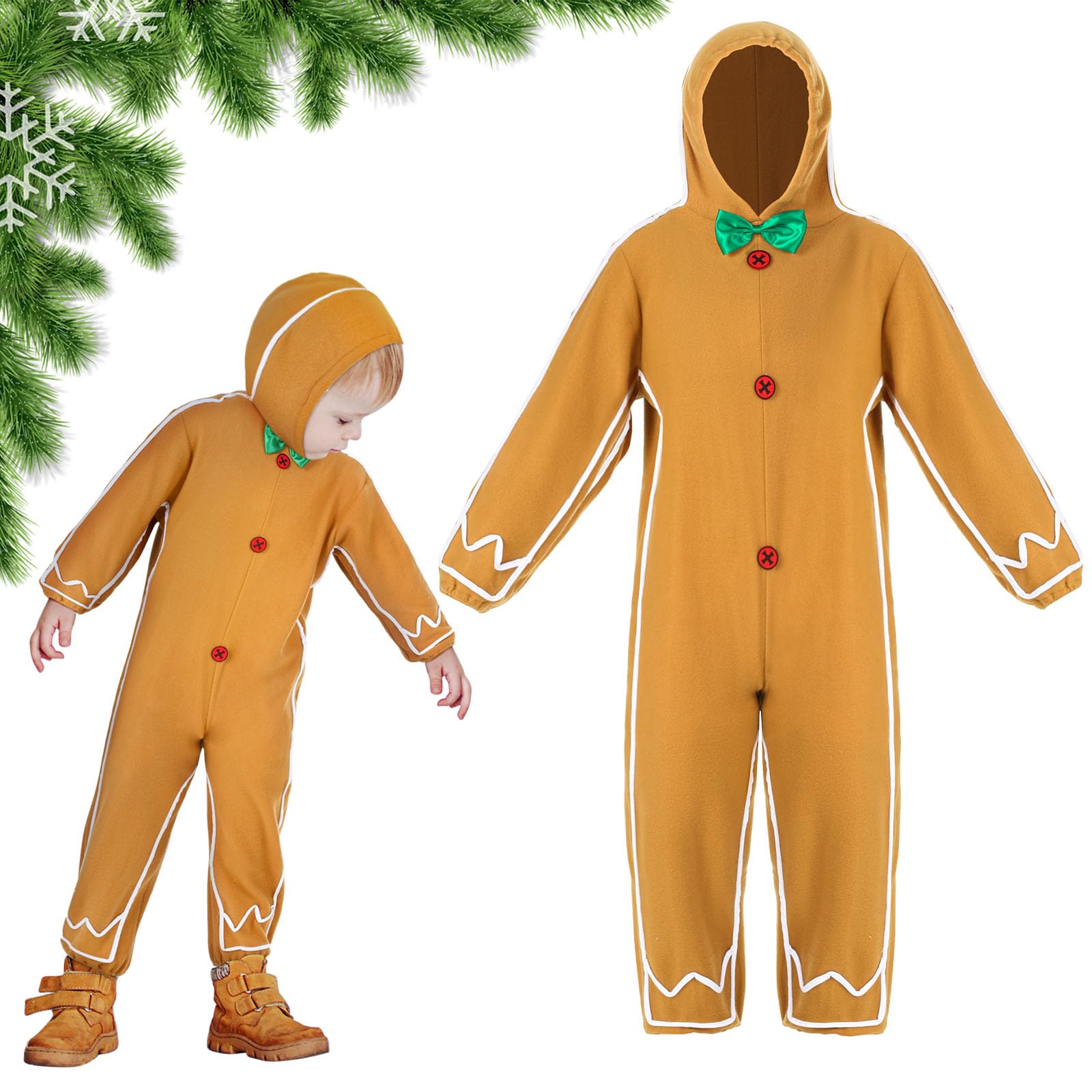Geyoga Gingerbread Man kids costume with hooded bodysuit for winter warmth