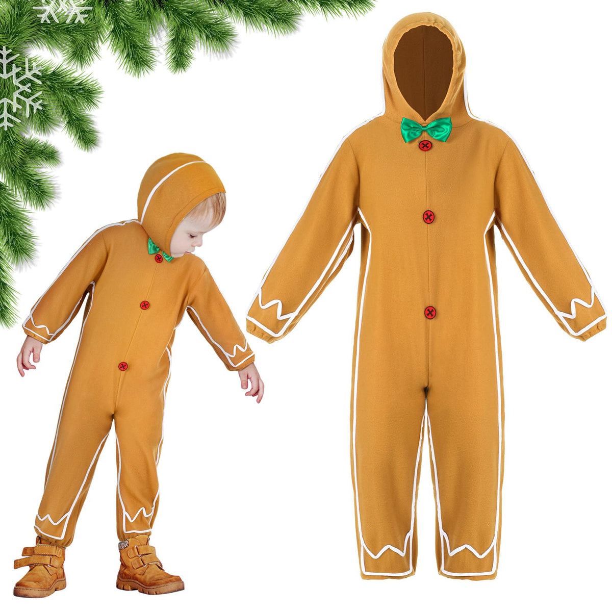 Geyoga Gingerbread Man kids costume with hooded bodysuit for winter warmth
