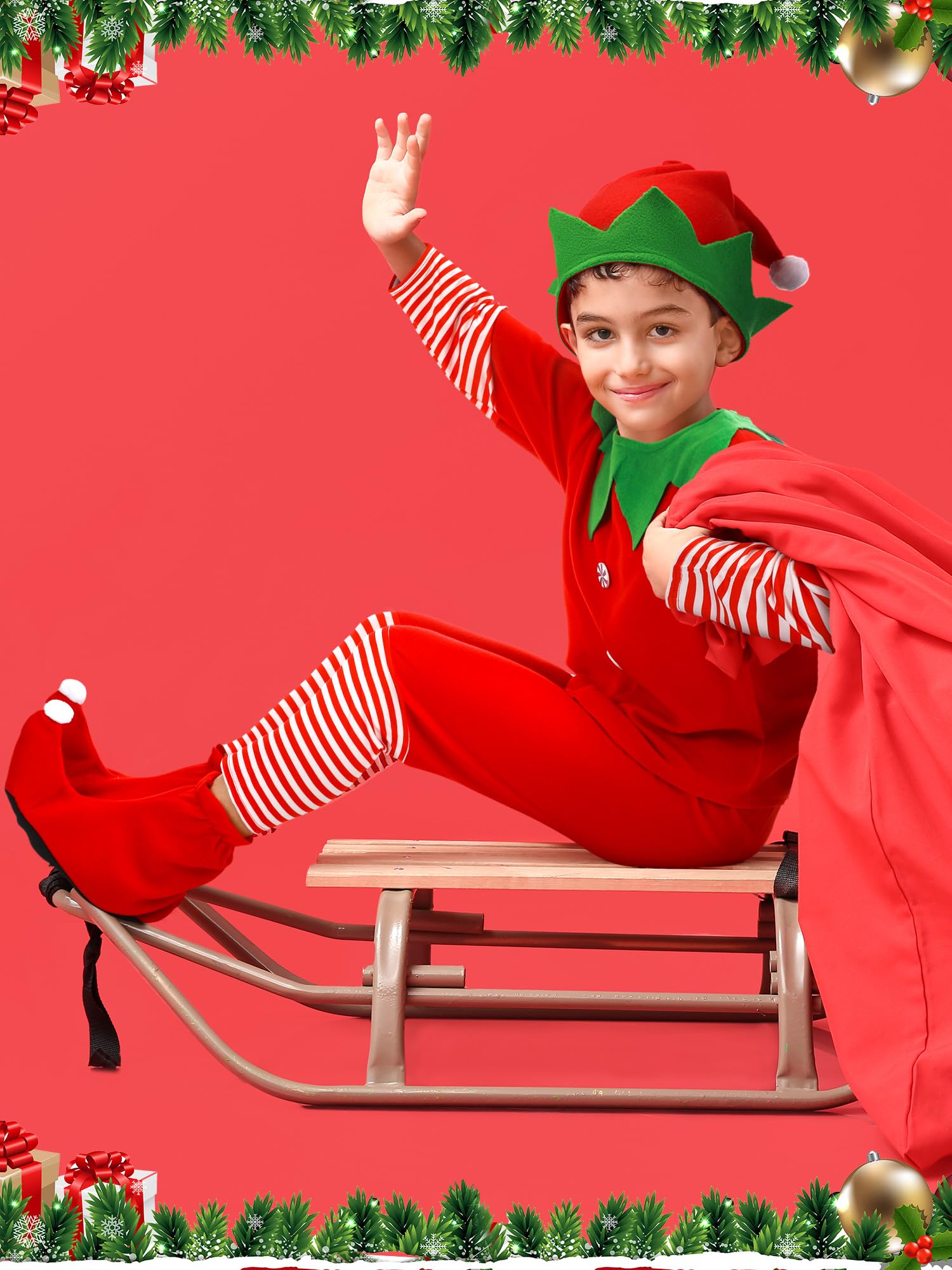 Geyoga Elf Costume Packaging shows compact set with hat, shoes, and accessories.