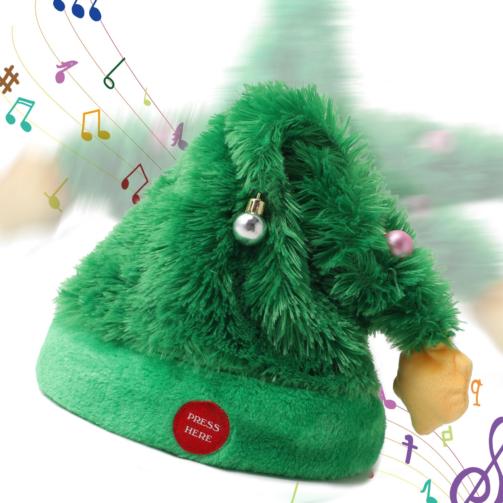 Gfilay dancing Christmas tree hat, front view, adjustable fit for all ages, festive display