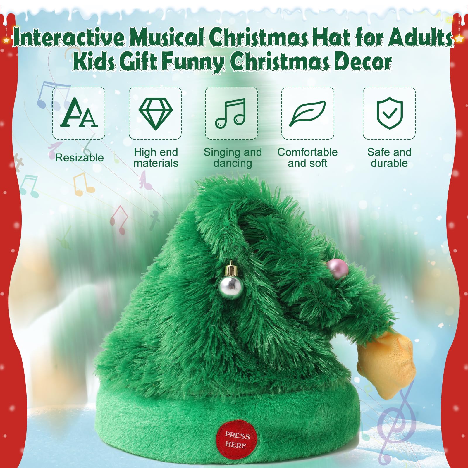 Gfilay musical Santa hat on display, showcasing swinging motion to enhance party vibe