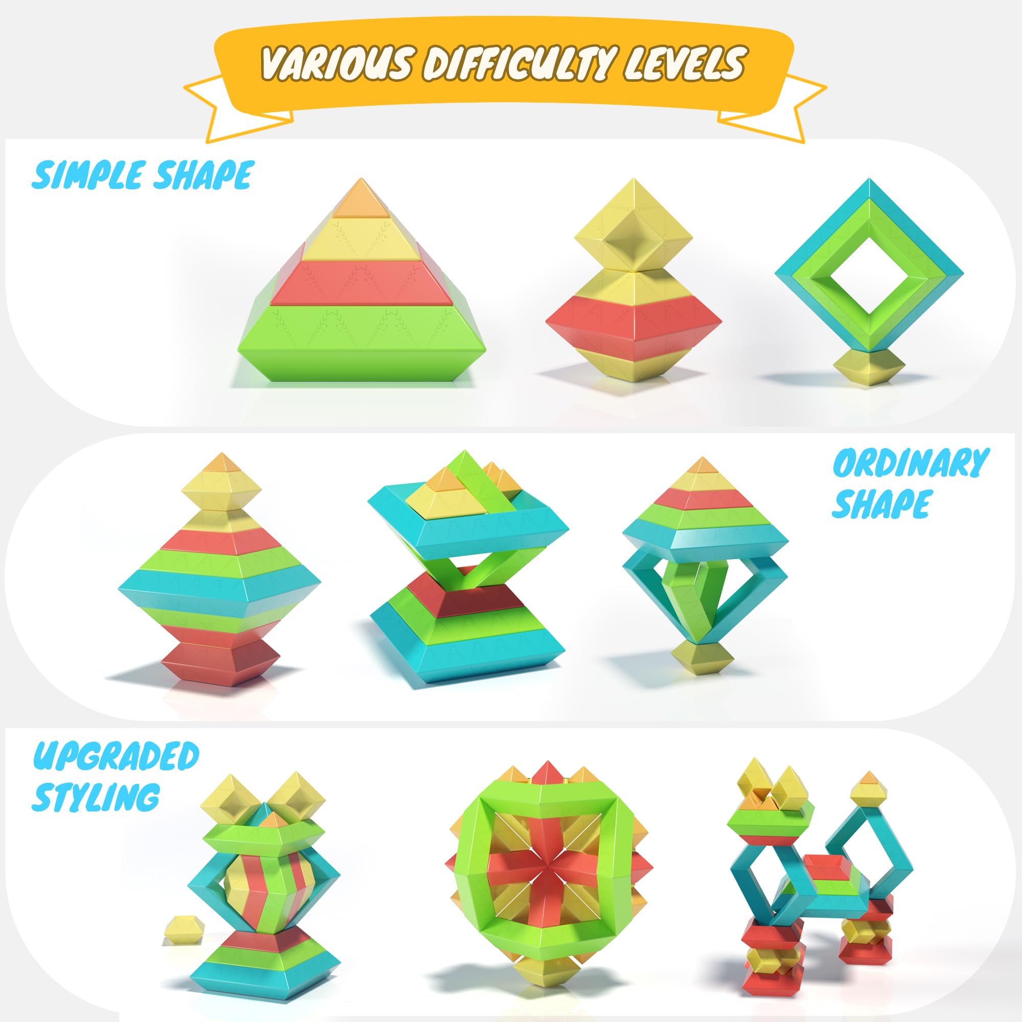 Ggiibro colorful pyramid blocks promote color sorting and spatial awareness.
